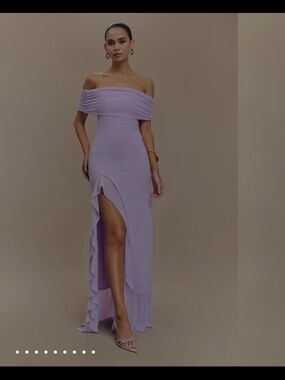 Meshki Lilac One-Shoulder Ruffle High-Slit Gown